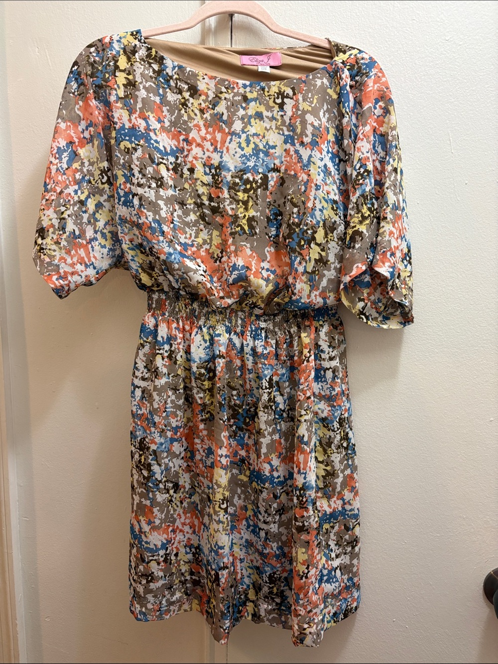 Eliza J Multicolor Abstract Print Mini Dress in Taupe Coral Blue and Yellow 12P